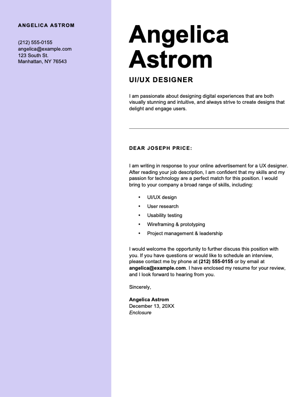 Modern UIUX designer cover letter